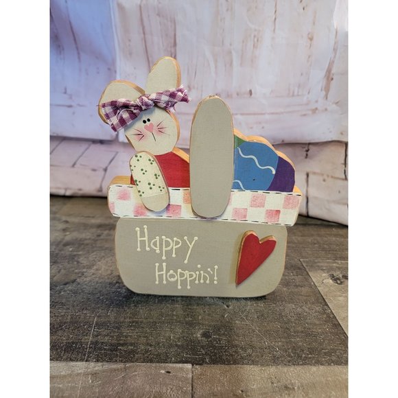 Wooden Easter Decor happy hop in Easter Bunny basket egg heart - Picture 1 of 5